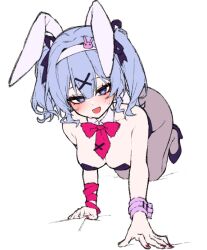 1girl :d all_fours animal_ears bare_shoulders black_leotard black_shoes blue_eyes blue_hair blush bow bowtie breasts commentary detached_collar english_commentary fake_animal_ears fingernails hair_between_eyes hair_ornament hair_ribbon hatsune_miku heart high_heels large_breasts leotard looking_at_viewer medium_hair open_mouth pantyhose pink_bow pink_bowtie pink_nails pink_pupils pink_wrist_cuffs playboy_bunny rabbit_ears rabbit_hole_(vocaloid) ribbon seion shoes simple_background single_wrist_cuff smile solo sweat twintails vocaloid white_background wrist_cuffs wrist_ribbon x_hair_ornament