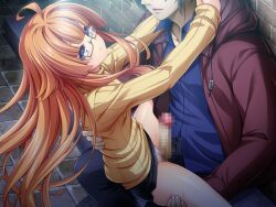 1boy 1girl ahoge amakubo_yuri black-framed_eyewear black_pants black_skirt blue_eyes blue_shirt brick_floor brick_wall brown_jacket censored closed_mouth clothes_lift collared_shirt dress_shirt floating_hair game_cg glasses green-framed_eyewear hair_between_eyes hetero hood hood_down hooded_jacket inoino jacket kouyoku_senki_exs-tia large_variant_set long_hair long_sleeves miniskirt mosaic_censoring non-web_source official_art open_clothes open_jacket open_mouth outdoors panties pants pencil_skirt penis pink_panties red_jacket ribbed_sweater semi-rimless_eyewear shihou_souma shirt skirt skirt_lift sweater turtleneck turtleneck_sweater twintails under-rim_eyewear underwear variant_set very_long_hair wing_collar yellow_shirt yellow_sweater