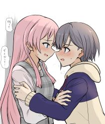 2girls absurdres asyura_kumo bang_dream! bang_dream!_it&#039;s_mygo!!!!! blue_hoodie blush chihaya_anon commentary_request drawstring dress grey_dress grey_eyes grey_hair hand_on_another&#039;s_arm highres hood hoodie long_hair multiple_girls open_mouth pink_hair plaid_clothes plaid_dress red_eyes shirt short_hair simple_background speech_bubble sweatdrop takamatsu_tomori translation_request two-tone_hoodie upper_body white_background white_shirt yellow_hoodie yuri