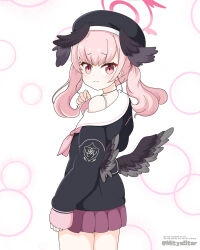 1girl black_hat black_shirt black_wings blue_archive closed_mouth commentary_request cowboy_shot english_text feathered_wings from_side halo hand_up hat head_wings highres koharu_(blue_archive) long_sleeves looking_at_viewer mini_wings mitya off_shoulder pink_eyes pink_hair pink_halo pleated_skirt purple_skirt sailor_collar shirt simple_background skirt sleeves_past_wrists solo standing twintails twitter_username watermark white_background white_sailor_collar wings