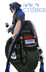 1girl absurdres ass blue_eyes blue_hair blush boots breasts clothing_cutout commentary eipanguino elbow_gloves english_commentary eyelashes from_behind full_body gloves hair_intakes high_heel_boots high_heels highres hololive hololive_english large_breasts leather leather_gloves leather_suit license_plate long_hair looking_at_viewer looking_back motor_vehicle motorcycle on_motorcycle ouro_kronii profile shadow shiny_clothes shiny_skin simple_background skin_tight solo standing thigh_cutout thighs tight_clothes virtual_youtuber white_background