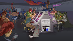 5girls 6+boys absurdres ace_attorney amaterasu_(ookami) animal_ears animal_hands antenna_hair arc_system_works arcade arcade_cabinet balrog_(street_fighter) bandaid blazblue blazblue:_continuum_shift boxing_gloves breasts cammy_white capcom crimson_viper crossed_legs crossover dark_skin doctor_doom e._honda evil_ryu felicia_(darkstalkers) headband highres jean_grey kung_lao makoto_nanaya marvel marvel_vs._capcom marvel_vs._capcom_3 medium_breasts mishima_kazuya money mortal_kombat_(series) multiple_boys multiple_crossover multiple_girls multiple_persona muscular namco naomi_baker ookami_(game) phoenix_(x-men) phoenix_wright playing_games pointing promotional_art raiden_(mortal_kombat) red_hair ryu_(street_fighter) signature sitting squirrel_ears street_fighter street_fighter_iv_(series) strider_hiryuu tekken underboob darkstalkers wolf x-men