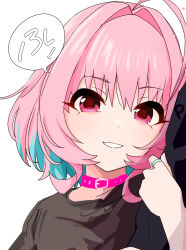 Rule 34 | 1girl, ahoge, black shirt, collar, hair intakes, highres, idolmaster, idolmaster cinderella girls, jewelry, kakki (kackie), long sleeves, looking at viewer, medium hair, multicolored hair, parted lips, pink collar, pink eyes, pink hair, ring, shirt, simple background, sketch, smile, solo focus, two-tone hair, upper body, white background, yumemi riamu