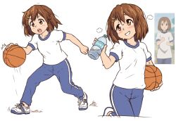 1girl ball basketball_(object) beachepisode blush bottle brown_eyes brown_hair dribbling_(basketball) hair_ornament hairclip highres hirasawa_yui holding holding_ball holding_bottle k-on! open_mouth pants parted_lips reference_inset shirt shoes short_hair sneakers solo sweat teeth track_pants upper_teeth_only water_bottle white_shirt white_shoes