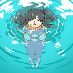 1girl :3 blush_stickers bodysuit covered_navel full_body hair_over_one_eye ichimonji_meiko long_hair manatee parody pun shiny_clothes shiny_skin side_ponytail simple_background skin_tight solo swimming taimanin_(series) taimanin_rpgx taimanin_suit taimanun very_long_hair water what wide_hips
