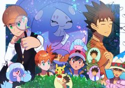 1girl 3boys ash_ketchum asymmetrical_hair brock_(pokemon) cilan_(pokemon) cowboy_shot denim denim_shorts gen_1_pokemon gen_8_pokemon gym_leader hair_tie hat hatenna hatterene hattrem kawo_(kawo2525_) legs misty_(pokemon) multiple_boys nintendo orange_hair pikachu pokemon pokemon_(anime) pokemon_journeys pokemon_swsh139 ponytail red_hair shirt short_hair short_shorts shorts side_ponytail suspenders yellow_shirt