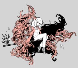 1girl ardor_blossom_star_(e.g.o) bug butterfly coat collared_shirt e.g.o_(project_moon) faust_(project_moon) fiery_clothing fire_hair_ornament full_body grey_background highres insect lce_(identity)_(project_moon) limbus_company long_sleeves looking_at_viewer necktie pants partially_colored polearm project_moon red_coat red_eyes red_necktie shirt side_ponytail simple_background sitting solo vest weapon white_hair white_pants white_vest zeremi0102