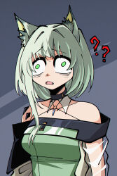 1girl ? ?? absurdres animal_ear_fluff animal_ears arknights breasts cat_ears cat_girl choker confused dress dryegen film_grain green_dress green_eyes green_hair highres kal&#039;tsit_(arknights) material_growth medium_breasts medium_hair off-shoulder_dress off-shoulder_jacket off_shoulder open_mouth oripathy_lesion_(arknights) see-through_clothes see-through_sleeves solo textless_version