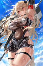 1girl absurdres arm_behind_head armpits black_gloves black_leotard black_shorts blonde_hair breasts checkered_flag cleavage cloud commission elbow_gloves eyelashes flag gloves hair_between_eyes headgear highleg highleg_leotard highres holding holding_flag large_breasts leotard navel numako_(pizza_kanon) original pixiv_commission race_queen red_eyes rossy_(yowayowachimpo) shorts sky solo sweat thigh_strap
