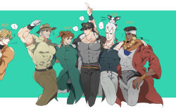 ! 6+boys beard black_coat black_hair black_hat blonde_hair brown_eyes brown_hair chain coat commentary_request covered_abs dark-skinned_male dark_skin dio_brando dog earrings erk_(okra_ecory) facial_hair facial_mark flattop frown gakuran green_eyes green_headband grey_hair grey_shirt halo hat headband iggy_(jojo) jacket jean_pierre_polnareff jewelry jojo_no_kimyou_na_bouken joseph_joestar joseph_joestar_(old) kakyoin_noriaki kuujou_joutarou large_pectorals male_focus mohammed_avdol multiple_boys muscular muscular_male old old_man pectorals red_coat scar scar_across_eye scar_on_face school_uniform shirt speech_bubble spoken_exclamation_mark standing standing_on_one_leg stardust_crusaders sweatdrop thought_bubble traditional_halo turtleneck white_headband yellow_jacket