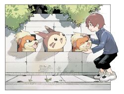 Rule 34 | 1boy, :d, black pants, blue jacket, border, brown eyes, brown hair, day, drawstring, furret, gen 1 pokemon, gen 2 pokemon, grey eyes, growlithe, highres, jacket, newo (shinra-p), nintendo, open mouth, outdoors, outside border, pants, pokemon, pokemon (creature), profile, shoes, smile, tongue, tongue out, tree, white border, white footwear