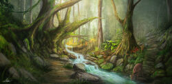 absurdres animal commentary day deer english_commentary forest grass highres moss nature no_humans original outdoors plant rock scenery seitendou_(milky417) signature stream tree