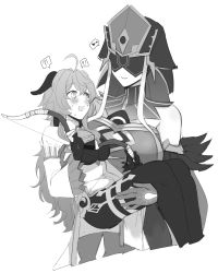 !? 2girls ahoge bare_shoulders bell blush bow_(weapon) carrying commentary cropped_torso detached_sleeves eye_mask ganyu_(genshin_impact) genshin_impact gloves goat_horns greyscale heart highres hinagi_(fox_priest) holding holding_bow_(weapon) holding_weapon horns long_hair long_sleeves looking_at_another mirror_maiden_(genshin_impact) monochrome mullet multiple_girls open_mouth princess_carry smile spoken_heart spoken_interrobang sweat wavy_hair weapon white_background yuri