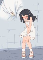 Rule 34 | 1girl, absurdres, between legs, black hair, blush, bright pupils, brown eyes, collarbone, commentary request, dress, embarrassed, flat chest, hand between legs, have to pee, highres, large variant set, long hair, multiple views, one eye closed, open mouth, original, pee, pee stain, peeing, peeing self, rune (dualhart), sandals, standing, toes, variant set, white dress, white pupils, white sandals