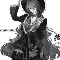 1girl absurdres bird bow bowtie braid buttons chinese_commentary collared_shirt commentary_request commission cowboy_shot cross-laced_clothes cross-laced_dress dress dress_bow expressionless eyelashes frilled_headwear frilled_shirt_collar frills gba_dod gloves hair_bow hand_on_headwear hand_on_own_shoulder hat high_collar highres jacket lace lace-trimmed_dress lace-trimmed_sleeves lace_trim long_hair long_sidelocks long_sleeves looking_at_viewer open_clothes open_jacket original parted_lips shirt shirt_under_dress short_dress sidelocks simple_background single_braid solo striped_clothes striped_dress thick_eyebrows vertical-striped_clothes vertical-striped_dress very_long_hair watermark wavy_hair weibo_watermark white_background