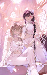 2girls alternate_costume arm_at_side bare_shoulders black_hair black_wings blonde_hair breasts bridal_gauntlets cleavage crossed_legs detached_collar dome flower gloves hair_flower hair_ornament hand_on_another&#039;s_shoulder hat highres holding_hands kneeling kurokoma_saki large_breasts long_hair looking_at_viewer mini_hat mini_top_hat multiple_girls navel pants partially_fingerless_gloves pointy_hair red_eyes shirt short_hair sitting smile strapless strapless_shirt syuri22 top_hat touhou toyosatomimi_no_miko white_gloves white_hat white_pants white_shirt window wings yellow_eyes