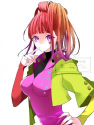 Rule 34 | 1girl, blunt bangs, earrings, gnosia, hair between eyes, heart, heart earrings, heart tattoo, high ponytail, highres, jewelry, long hair, long sleeves, looking at viewer, ponytail, purple eyes, red hair, simple background, solo, sq (gnosia), st215, tattoo, turtleneck, upper body