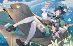 1boy :d absurdres bard beach beret bird bird_on_hand black_hair blue_hair blue_sky braid brown_shoes cape cecilia_flower_(genshin_impact) cloud collared_cape commentary_request dutch_angle feathers flower flying frilled_sleeves frills full_body genshin_impact gradient_hair green_cape green_eyes green_hat green_shorts hat hat_flower highres holding holding_instrument horizon instrument island loafers looking_up lyre male_focus multicolored_hair nianbingzi open_mouth pantyhose shoes short_hair_with_long_locks shorts side_braids sky smile solo twin_braids venti_(genshin_impact) vision_(genshin_impact) white_flower white_pantyhose