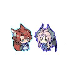 Rule 34 | 2girls, animal ear fluff, animal ears, black boots, black cape, black wings, blue eyes, blue jacket, boots, cape, chibi, coat, coat on shoulders, demon wings, dress, fox ears, fox tail, green coat, grey eyes, grey hair, hair ornament, hand up, highres, jacket, kemonomimi mode, long hair, looking at another, marsha (reverse:1999), military uniform, mishiro (sarolttf), multiple girls, pants, red hair, reverse:1999, sentinel (reverse:1999), short hair, shoulder belt, tail, white background, white dress, white pants, wings
