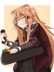 1girl animal_ear_fluff animal_ears blush border brown_dress child closed_eyes closed_mouth commentary_request cowboy_shot dress dutch_angle eating food food_on_face grey_dress hair_between_eyes holding holding_spoon layered_dress long_hair long_sleeves nemu_(46_2367teimei) orange_hair outside_border raccoon_ears raccoon_girl raphtalia red_dress short_sleeves sitting smile solo spoon table tate_no_yuusha_no_nariagari two-tone_dress white_border wooden_spoon wooden_table yellow_background