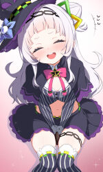 1girl :d absurdres between_legs black_capelet black_skirt blush bow capelet closed_eyes commentary_request flat_chest frilled_skirt frills gradient_background grey_hair hair_bun hand_between_legs hat hat_ornament highres hololive kani_bonara knees_together_feet_apart long_hair long_sleeves murasaki_shion murasaki_shion_(1st_costume) navel open_mouth pink_background red_bow sitting skirt smile solo spoken_www star_(symbol) star_hat_ornament stomach teeth thigh_strap thighhighs upper_teeth_only virtual_youtuber white_background