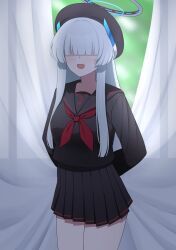1girl arms_behind_back black_sailor_collar black_serafuku black_skirt blue_archive blunt_bangs blunt_ends cosplay cowboy_shot curtains hair_over_eyes halo headgear highres hime_cut justice_task_force_member_(blue_archive) mechanical_halo neckerchief noa_(blue_archive) open_mouth pleated_skirt red_neckerchief sailor_collar school_uniform serafuku sidelocks skirt solo standing watakaze