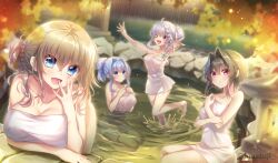 &gt;_o 4girls 9-nine- :d ;d absurdres ahoge alternate_hairstyle amatsuji arm_support arm_under_breasts bare_arms bare_legs bare_shoulders barefoot bent_over black_hair blue_eyes blue_hair blurry blush bow braid breasts bright_pupils c: cleavage closed_mouth collarbone commentary_request curvy depth_of_field eyelashes eyes_visible_through_hair feet_out_of_frame full_body green_bow hair_between_eyes hair_bow hair_bun hair_intakes hand_up hands_up happy highres kousaka_haruka kujou_miyako large_breasts light_brown_hair long_hair looking_at_viewer multiple_girls naked_towel niimi_sora one_eye_closed onsen open_mouth outdoors outstretched_arms outstretched_hand parted_lips ponytail purple_eyes red_eyes ripples shiny_skin short_hair_with_long_locks sidelocks single_braid single_hair_bun sitting smile splashing standing standing_on_one_leg towel twitter_username v-shaped_eyebrows wariza water wet yuuki_noa