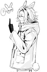 1boy aotsuki_eito black_gloves closed_mouth drawstring eyelashes glasses gloves greyscale hand_up highres hood hoodie male_focus middle_finger monochrome rabbit_ears rabbit_tail smile solo solo_focus standing the_hundred_line_-last_defense_academy-