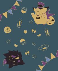 Rule 34 | bow, bowtie, candy, clefable, food, full body, gen 1 pokemon, gengar, ghost, hat, jelly bean, limited palette, muffin, nintendo, no humans, open mouth, pokemon, pokemon (creature), satsumapotato, simple background, star (symbol), string of flags, top hat, wrapped candy