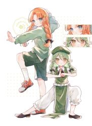 Rule 34 | 2girls, aged down, alternate costume, alternate hairstyle, beret, black bow, blue eyes, blush, bow, braid, chinese clothes, closed mouth, commentary request, commission, dress, fighting stance, flats, green hair, green headwear, hair bow, hair ornament, hat, hat ornament, highres, hong meiling, hood, hoodie, long hair, long sleeves, looking at viewer, multiple girls, nig 18, orange hair, pants, puffy sleeves, red footwear, red hair, shirt, shoes, short sleeves, shorts, simple background, smile, sneakers, socks, standing, standing on one leg, star (symbol), star hat ornament, touhou, twin braids, watermark, white background, white shirt, white socks, yellow eyes