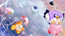 :o beak bird black_eyes blush_stickers bronto_burt character_request closed_eyes colored_skin commentary_request coo_(kirby) drooling flying happy highres holding holding_umbrella imagining insect_wings kirby kirby&#039;s_dream_land_2 kirby_(series) kracko lightning nintendo no_humans no_mouth open_mouth orange_skin orange_sky outdoors owl parasol parted_lips pink_skin rain red_footwear red_umbrella shoes signature sky smile storm sunset surprised suyasuyabi two-tone_umbrella umbrella waddle_dee white_umbrella wind wings yellow_shoes