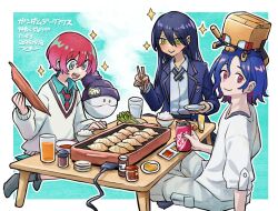 1boy 2girls amate_yuzuriha aqua_eyes blue_hair blush can collared_shirt colored_inner_hair conch_(gundam) cooking copyright_name cup dated drink_can dumpling food gundam gundam_gquuuuuux haro holding holding_can jacket jiaozi long_hair long_sleeves looking_at_viewer lower_eyelashes_only multicolored_hair multiple_girls necktie non-humanoid_robot nyaan_(gundam_gquuuuuux) open_mouth party plate purple_hair red_eyes red_hair rice robot satoruru school_uniform shirt short_hair shuji_ito sitting smile sparkle sweater table two-tone_hair yellow_eyes