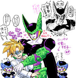 4boys arrow_(symbol) between_legs black_skin black_wings blonde_hair blue_eyes blue_skin bulge cell_(dragon_ball) clenched_teeth collarbone colored_skin colored_tongue dragon_ball dragonball_z father_and_son fellatio_gesture fingernails from_front from_side furrowed_brow green_skin greyscale half-closed_eyes hand_on_another&#039;s_arm hand_on_another&#039;s_crotch hand_on_another&#039;s_head hand_up height_difference highres hug long_sleeves long_tongue looking_at_another looking_down looking_up male_focus monochrome multicolored_skin multiple_boys multiple_views muscular muscular_male obata2nd open_mouth pants parted_lips pectorals perfect_cell pink_skin pov pov_crotch purple_skin purple_tongue shaded_face sharp_fingernails shirt short_hair simple_background sleeves_rolled_up smug son_gohan speech_bubble spiked_hair spots standing super_saiyan sweatdrop teeth tongue tongue_out translation_request turtleneck turtleneck_shirt white_shirt white_skin wings yaoi yellow_skin