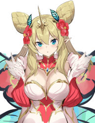 1girl blonde_hair blue_eyes breasts bug butterfly cleavage dress fairy insect pointy_ears puzzle_&amp;_dragons rosalyn_(p&amp;d) wamachi_(hamachi_oekaki) wings