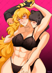 2girls abs ahoge animal_ears black_hair blake_belladonna blonde_hair blush breasts cat_ears cleavage commentary commission english_commentary highres kiss kissing_neck large_breasts long_hair multiple_girls muscular muscular_female prosthesis prosthetic_arm purple_eyes rwby yang_xiao_long yellow_eyes yellow_nicky yuri