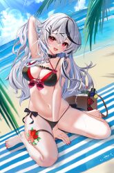 1girl :d arm_up armpits barefoot beach bikini black_bikini black_hair blue_sky bracelet braid breasts commentary_request criss-cross_halter feet front-tie_bikini_top front-tie_top full_body grey_hair hair_ornament hairclip halterneck hand_in_bikini highres hololive inari_(ambercrown) jewelry large_breasts layered_bikini long_hair looking_at_viewer multicolored_hair nail_polish navel ocean official_alternate_hair_length official_alternate_hairstyle open_mouth outdoors palm_tree red_bikini red_eyes red_nails sakamata_chloe side-tie_bikini_bottom side_braid sitting sky smile solo stomach straight_hair streaked_hair swimsuit toenail_polish toenails toes tree unaligned_breasts virtual_youtuber wariza wide_hips x_hair_ornament