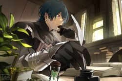 1boy armor armored_gloves black_armor black_gloves book male_byleth_(fire_emblem) closed_mouth commentary commentary_request desk doku_gin1126 elbow_on_table fire_emblem fire_emblem:_three_houses from_below gloves green_eyes green_hair hair_behind_ear hair_between_eyes hand_to_own_mouth high_collar highres holding holding_quill hourglass inkwell looking_to_the_side male_focus nintendo outstretched_arm outstretched_hand papers plant potted_plant quill sitting solo upper_body window
