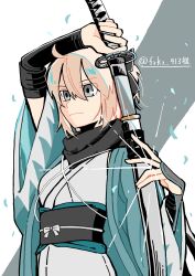 1girl ahoge black_bow black_scarf blonde_hair bow fate/grand_order fate_(series) goma1021 grey_background grey_eyes hair_between_eyes hair_bow highres holding japanese_clothes katana kimono okita_souji_(fate) photo-referenced scarf sheath shinsengumi short_hair smile solo sword twitter_username two-tone_background unsheathing weapon white_background