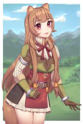 Rule 34 | 1girl, animal ear fluff, animal ears, armor, armored gloves, artist name, belt, black dress, blue sky, blunt bangs, blurry, blurry background, border, breastplate, breasts, brown belt, brown gloves, brown hair, closed mouth, cloud, cloudy sky, collared dress, commentary, cowboy shot, day, dress, elbow gloves, english commentary, eyelashes, gloves, grass, high collar, layered dress, leather armor, lips, long hair, looking at viewer, metal arm cuffs, metal wrist cuffs, mountainous horizon, nanumn, neck ribbon, outdoors, outside border, pauldrons, raccoon ears, raccoon girl, raccoon tail, raphtalia, red dress, red eyes, red ribbon, ribbon, short dress, shoulder armor, signature, single pauldron, sky, small breasts, smile, solo, standing, straight hair, striped clothes, striped dress, tail, tate no yuusha no nariagari, thighs, two-tone dress, vertical-striped clothes, vertical-striped dress, white border, white dress