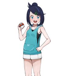 1girl :d black_hair black_shirt blue_eyes collarbone commentary_request eyelashes green_vest hair_bun hair_ornament hairclip happy highres holding holding_poke_ball knees liko_(pokemon) looking_at_viewer medium_hair nintendo open_mouth poke_ball poke_ball_(basic) pokemon pokemon_(anime) pokemon_horizons shirt shorts simple_background sleeveless sleeveless_shirt smile solo swept_bangs teeth tongue upper_teeth_only usohajii vest white_background white_shorts