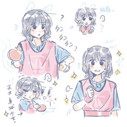 Rule 34 | ..., 1girl, :&lt;, :d, :o, ?, animal ears, animification, arrow (symbol), ball, black eyes, black hair, blue shirt, clenched hand, closed mouth, commentary, dog ears, drawn ears, frown, grin, highres, holding, holding ball, holding table tennis paddle, lavalier microphone, link! like! love live!, love live!, microphone, multiple views, open mouth, paddle, pink shirt, real life, sakurai hina, seeno de! hasu no sora!, shirt, short hair, short sleeves, smile, sparkle, spoken ellipsis, sweatdrop, symbol-only commentary, t-shirt, table tennis ball, table tennis paddle, translation request, voice actor, woodonly