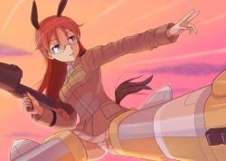 1girl animal_ears blue_eyes brown_jacket cloud cloudy_sky edytha_neumann flying glasses gun holding holding_gun holding_weapon horse_ears horse_girl horse_tail jacket keicha_(kmoekaki) long_hair looking_to_the_side military_uniform no_pants open_mouth orange_hair panties sky striker_unit sunset tail underwear weapon white_panties witches_of_africa world_witches_series