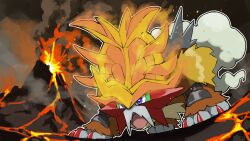 animal_focus blacknirrow blue_eyes creatures_(company) embers eruption full_body game_freak gouging_fire highres lava nintendo no_humans open_mouth outline pokemon pokemon_(creature) pokemon_focus smoke volcano white_outline