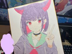 1girl absurdres animal_ears black_choker black_jacket blue_archive blunt_bangs blush cat_choker cat_ears choker collarbone colored_inner_hair commentary_request drawstring green_sailor_collar hair_ornament hairpin halo hand_up highres hood hooded_jacket jacket kazusa_(blue_archive) kurumi_kororin long_hair marker_(medium) medium_hair multicolored_hair neckerchief parted_lips photo_(medium) pink_hair pink_halo pink_neckerchief purple_hair red_eyes sailor_collar shikishi sidelocks solo traditional_media upper_body v very_long_hair
