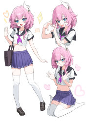 Rule 34 | 1girl, absurdres, alternate costume, bag, black shoes, blue eyes, blue skirt, breasts, cyrene (honkai: star rail), heart, heart hands, highres, honkai: star rail, honkai (series), lao xi, medium hair, midriff, miniskirt, multicolored hair, multiple views, navel, no shoes, pink hair, pleated skirt, school uniform, serafuku, shoes, shoulder bag, sitting, skirt, small breasts, thighhighs, two-tone hair, wariza, white background, white hair, white serafuku, white thighhighs