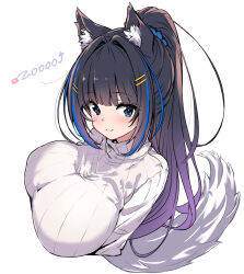 1girl animal_ear_fluff animal_ears black_hair blue_hair breasts displayer hair_ornament hairclip highres hirowa_nagi large_breasts multicolored_hair ponytail sagging_breasts streaked_hair sweater tail turtleneck turtleneck_sweater upper_body virtual_youtuber yoshibana_kokoro
