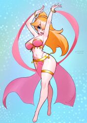 1girl alternate_costume arabian_clothes barefoot belly_dancer belly_dancer_outfit breasts dancer dancer_outfit harem_outfit highres jaxdrawz jewlery large_breasts mario_(series) nintendo princess_peach solo veil