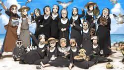 Rule 34 | 1boy, 6+girls, :d, ^ ^, apron, baby animal, bandaid, bandaid on face, barefoot, beach, bird, black hair, black shirt, black shoes, blonde hair, blue eyes, blue pants, brown eyes, brown hair, bunny nun (diva), burger, cardboard cutout, cat, chicken, closed eyes, cloud, cloudy sky, clumsy nun (diva), commentary, crab, cucumber, cucumber on face, cucumber slice, diva (hyxpk), dog, duck, duckling, english commentary, everyone, father (diva), fish, food, freckles, freckles nun (diva), froggy nun (diva), glasses, glasses nun (diva), green hat, green socks, grey apron, grey hair, hair ornament, hair over one eye, hat, hedgehog, highres, holding, holding burger, holding food, hungry nun&#039;s mother (diva), hungry nun (diva), in hat, leaf nun (diva), little nuns (diva), mole, mole on cheek, mole under eye, mother superior (diva), multiple girls, nun, ocean, on ground, open mouth, pancake nun (diva), pants, rabbit hair ornament, red apron, round eyewear, sand, seagull, sheep nun (diva), shirt, shoes, sitting, sky, smile, smug nun (diva), socks, spicy nun (diva), star nun (diva), strict nun&#039;s mother (diva), strict nun (diva), sunburn, sunglasses, tan, tanline, traditional nun, triangle mouth, v, white shirt, yellow shirt