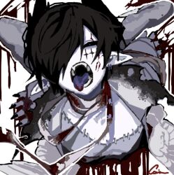 Rule 34 | 1boy, bandaged neck, bandages, black hair, black sclera, blood, bloody bandages, chino (sky tanosi), colored sclera, colored skin, fangs, feathered wings, fingernails, grey eyes, grey wings, hair over one eye, high collar, looking at viewer, male focus, multiple wings, original, pointy ears, sharp fingernails, short hair, solo, stitches, tongue, tongue out, torn clothes, white background, white skin, wings