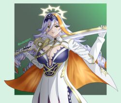 1girl baldr_(fire_emblem_heroes) breasts fire_emblem fire_emblem_heroes gold_cape heterochromia highres holding holding_sword holding_weapon large_breasts nintendo novasvr orange_streaks ringlets single_hair_streak sword two-tone_cape weapon